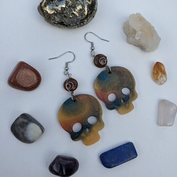 Fancy Jasper Earrings Beads Resin Skull Silver Wire Wrapped Resin Lightweight - Picture 4 of 9